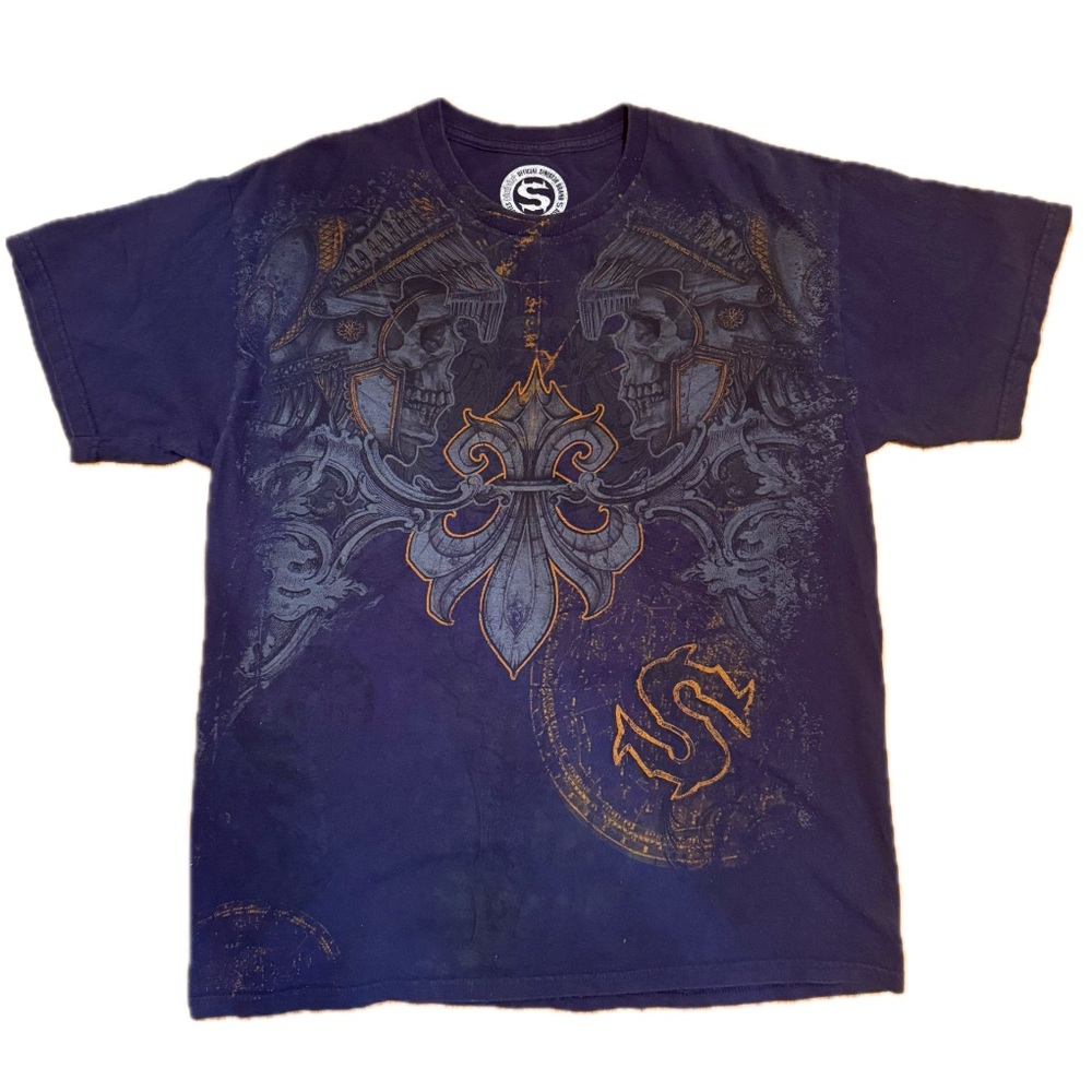 SINISTER Vintage Y2K Skull Fleur de Lis T Shirt Size Large